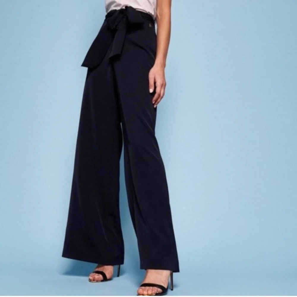 Ted Baker Maurli Black Wide Leg Tie Waist Trousers Pants Gold Logo Size 1 US 4